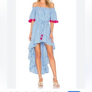 Sundress womans Alena Off-Shoulder Blue Gingham High-Low Dress & Pink Pom Trim S